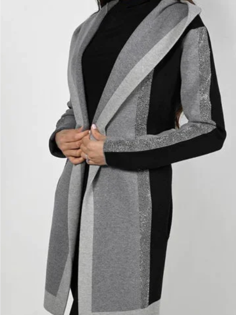 Open-Front Hooded Colorblock Cardigan in Grey & Black